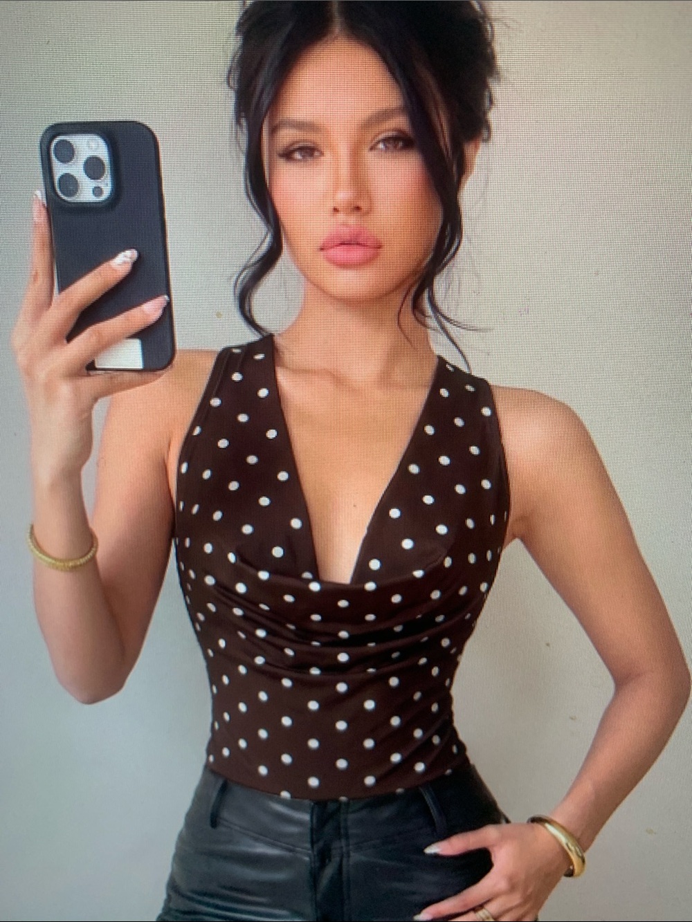 Polka Dot V-Neck Satin Tank Top - Brown/White